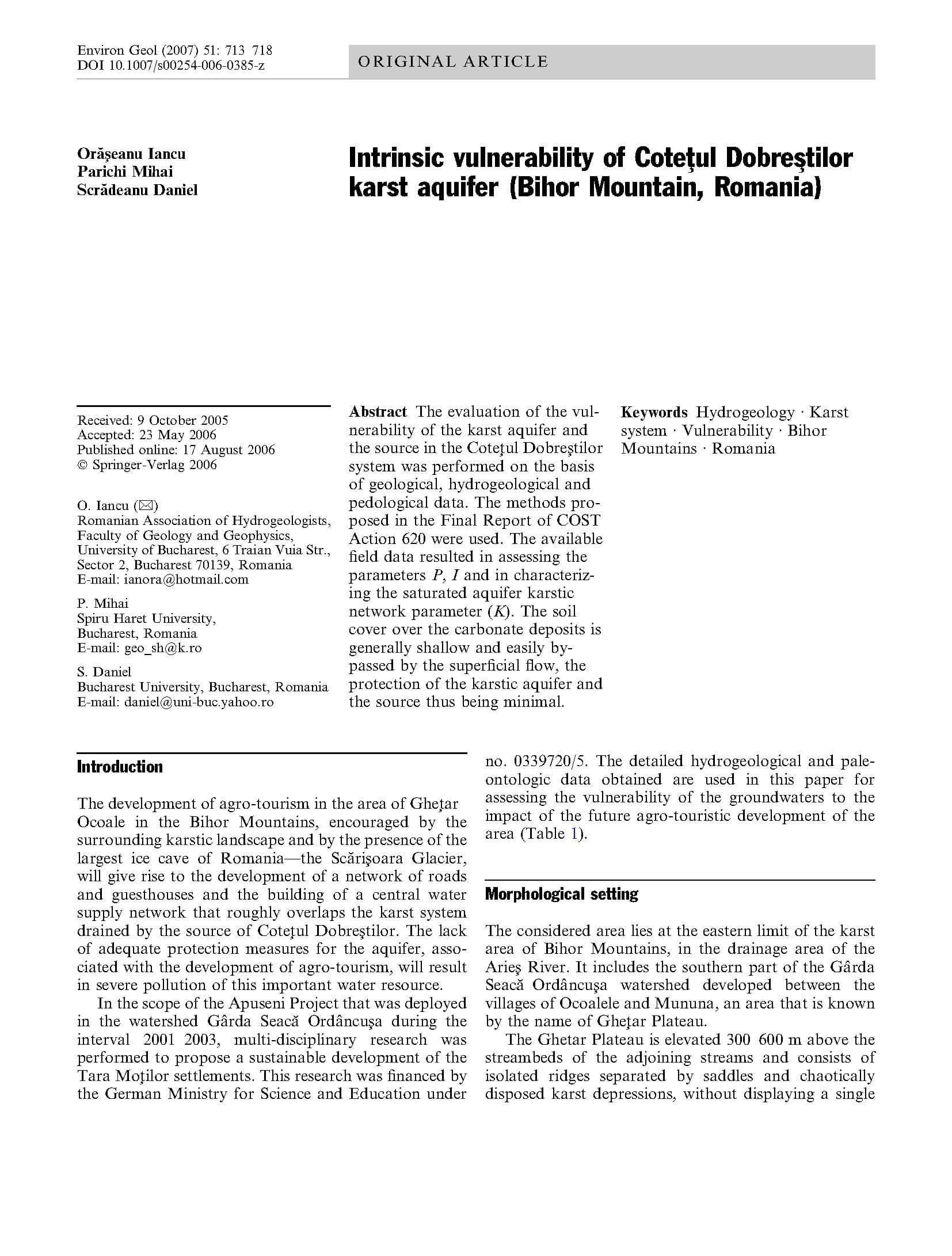 Intrinsic vulnerability of Cotetul Dobrestilor karst aquifer (Bihor Mountain, Romania)