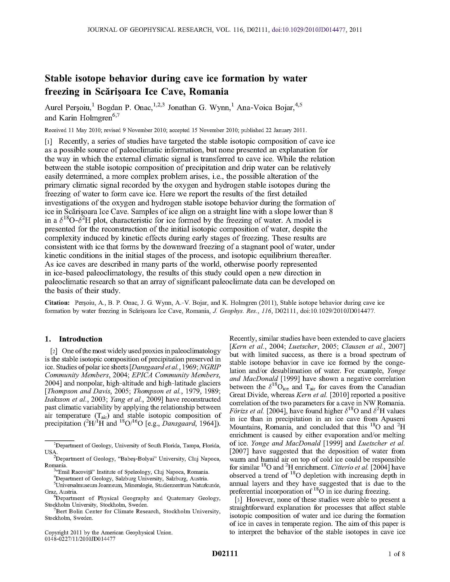 Stable isotope behavior during cave ice formation by water freezing in Scărişoara Ice Cave, Romania