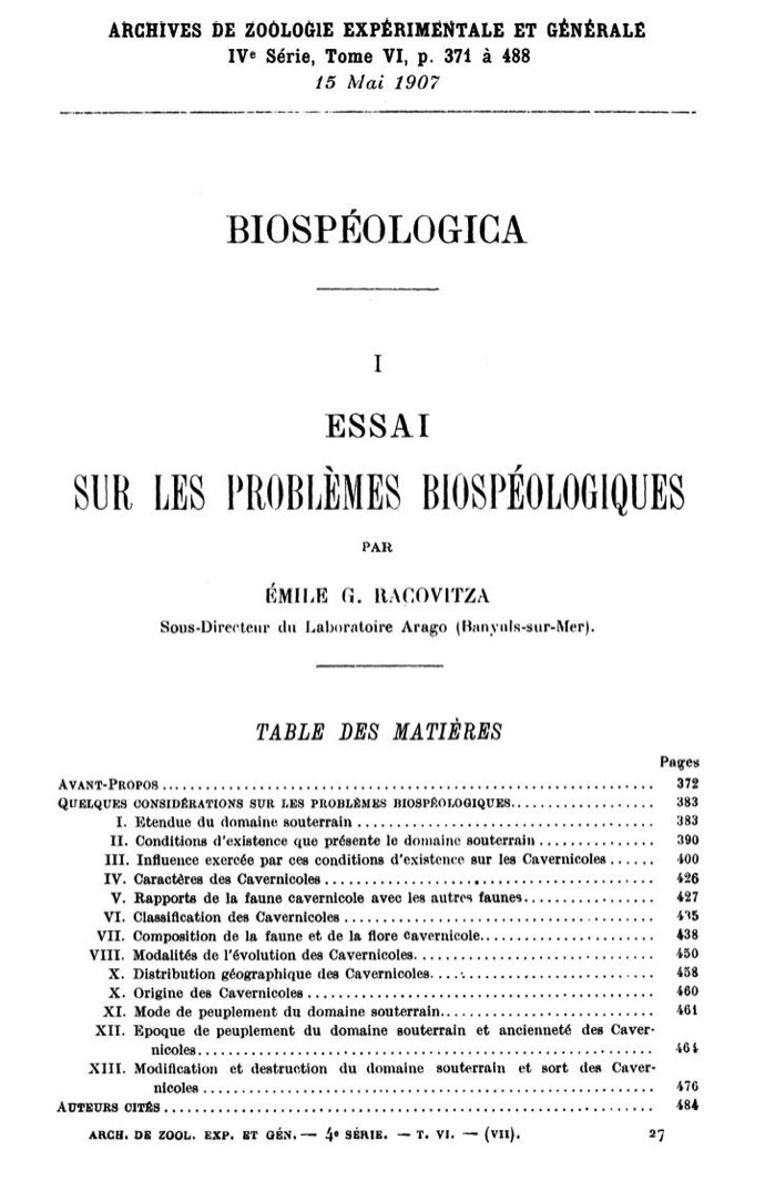Figura 2. Pima pagina din Eseu asupra problemelor biospeologice, manifestul infiintarii biospeologiei ca stiinta